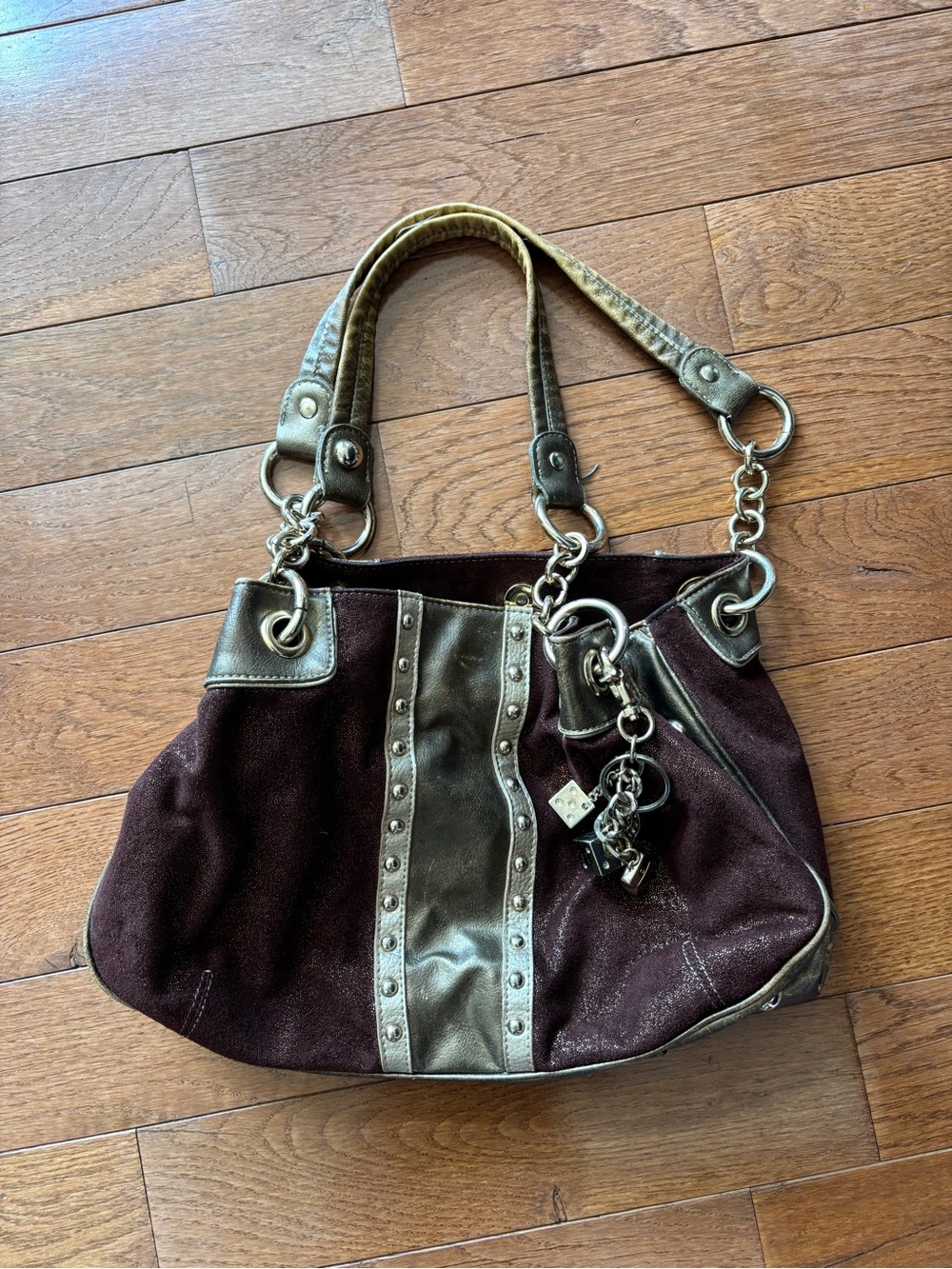 Y2k Brown Suede Shoulder Bag with Gold Accents - Picture 2 of 5